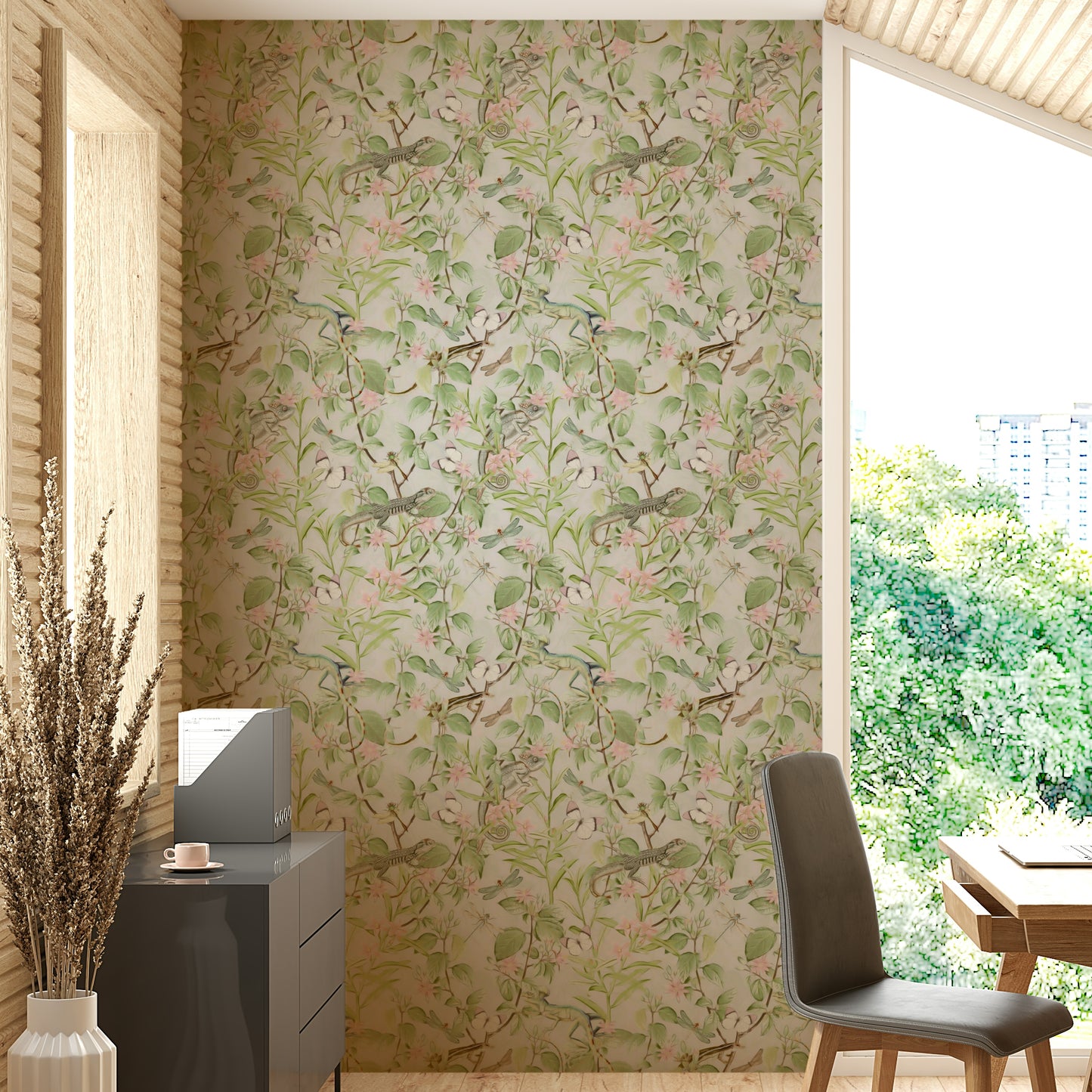 Timeless botanical wallpaper with soft florals and lush plants.

