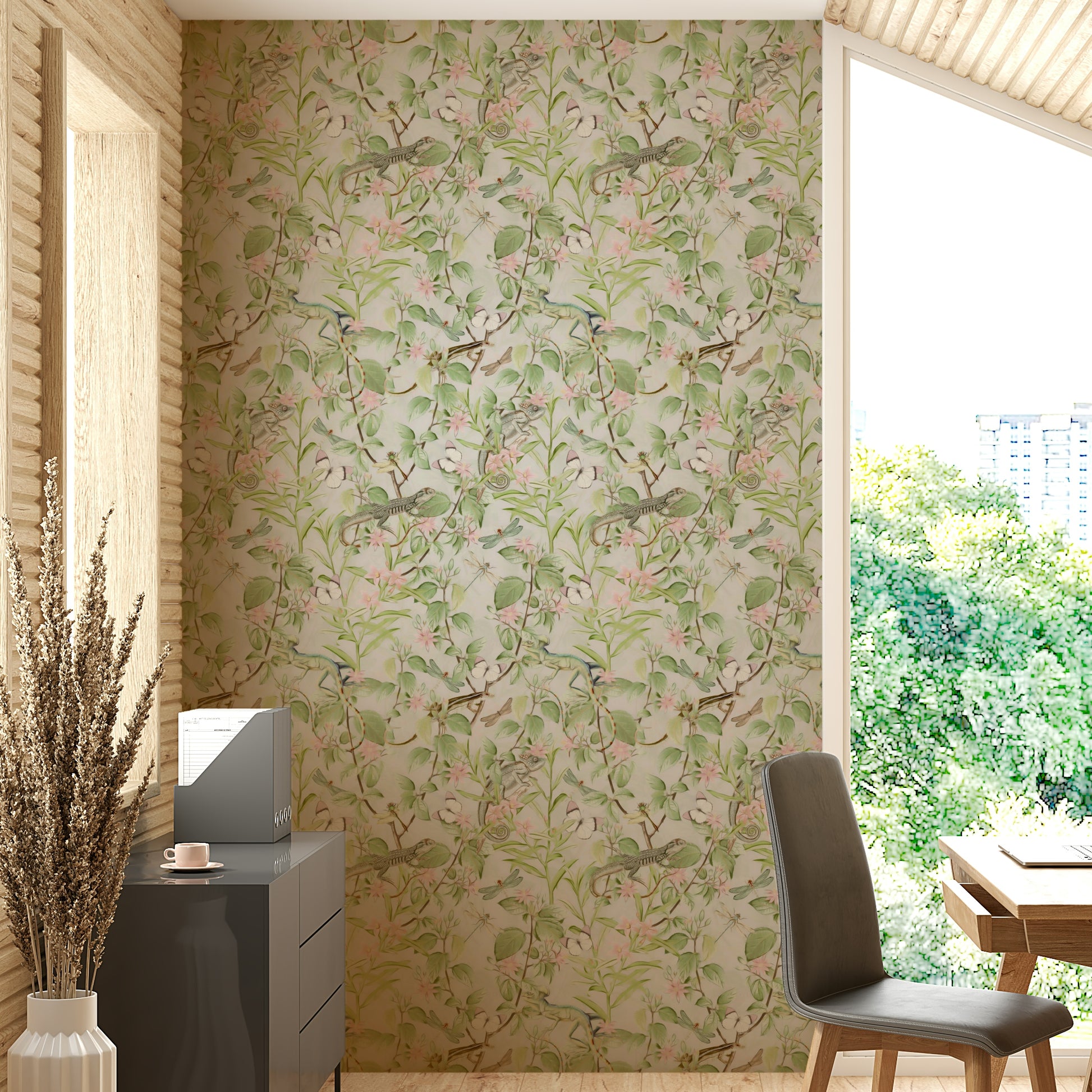 Timeless botanical wallpaper with soft florals and lush plants.

