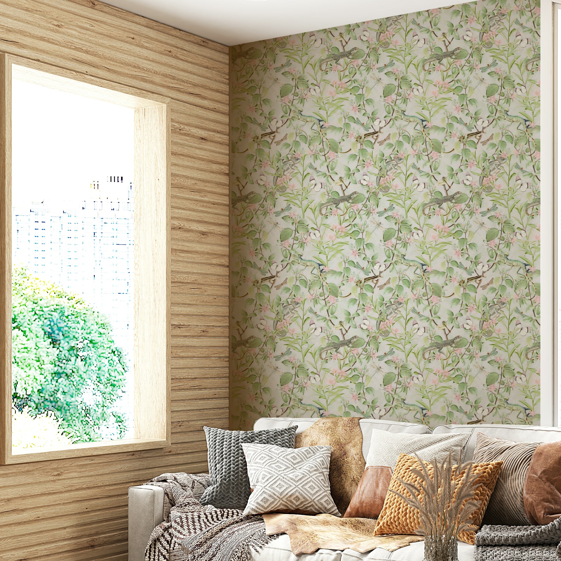 Floral and leaf wallpaper mural bringing a peaceful vibe.

