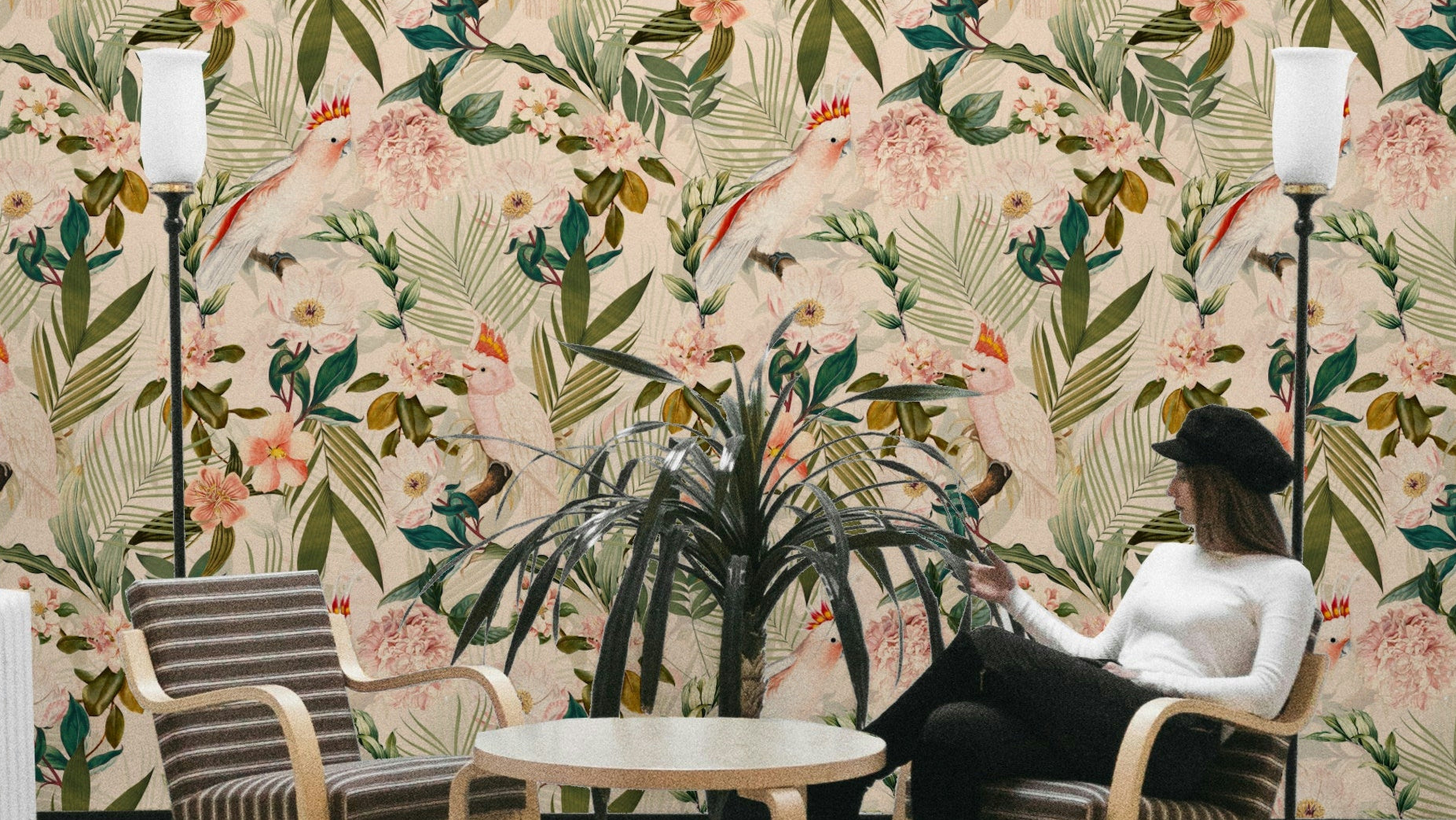 Vibrant tropical birds and lush greenery in wall mural design.

