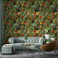 Bold tropical wall mural creating a jungle escape indoors.

