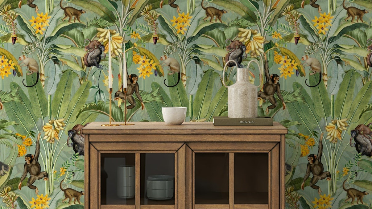 Tropical Monkey Business design with playful primates and bold florals.

