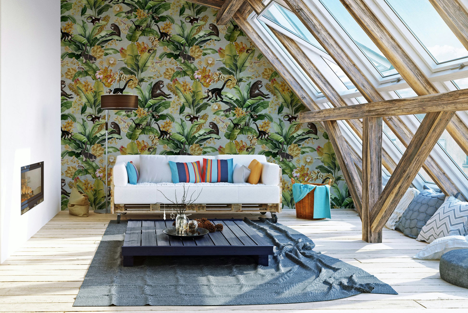 Tropical jungle mural featuring rich greenery and golden accents.

