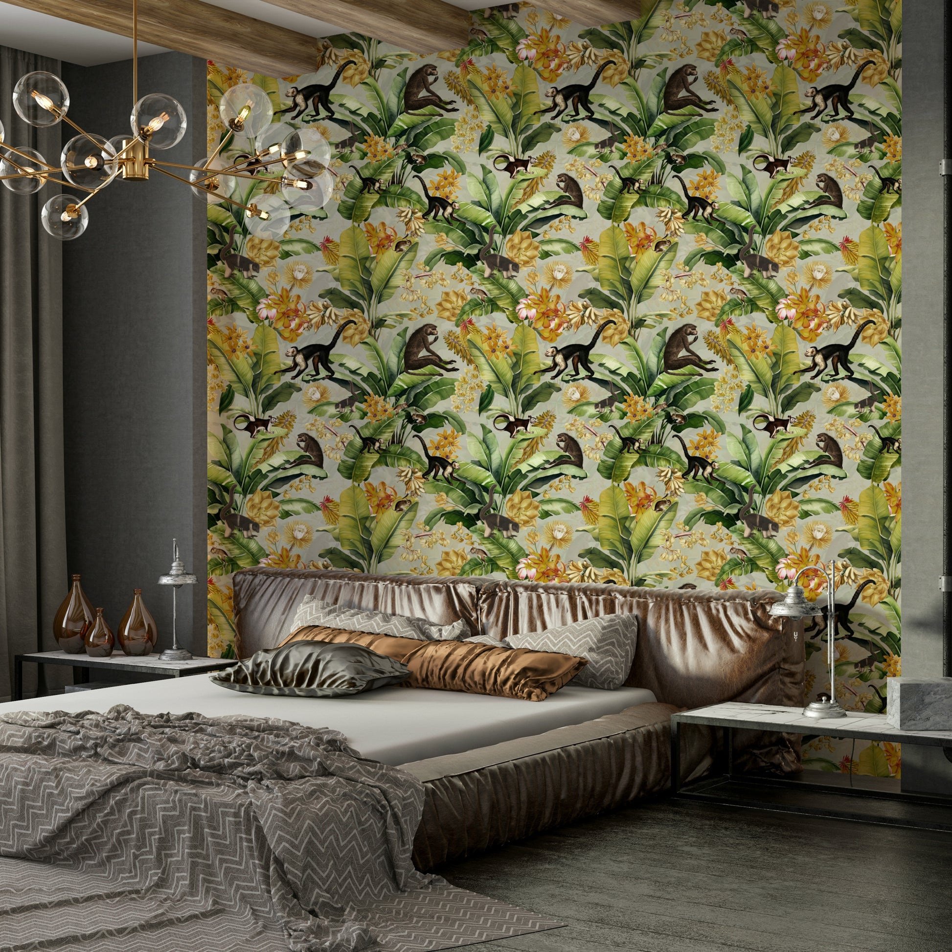 Golden Jungle Paradise Wallpaper with lush plants and exotic animals.

