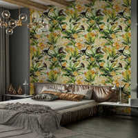 Golden Jungle Paradise Wallpaper with lush plants and exotic animals.

