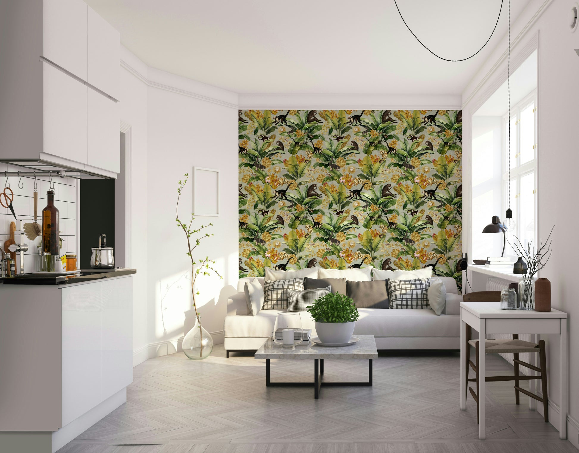 Wallpaper with lush greenery, exotic creatures, and luxurious gold elements.

