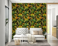 Tropical jungle wallpaper featuring monkeys on a moody, midnight blue canvas.

