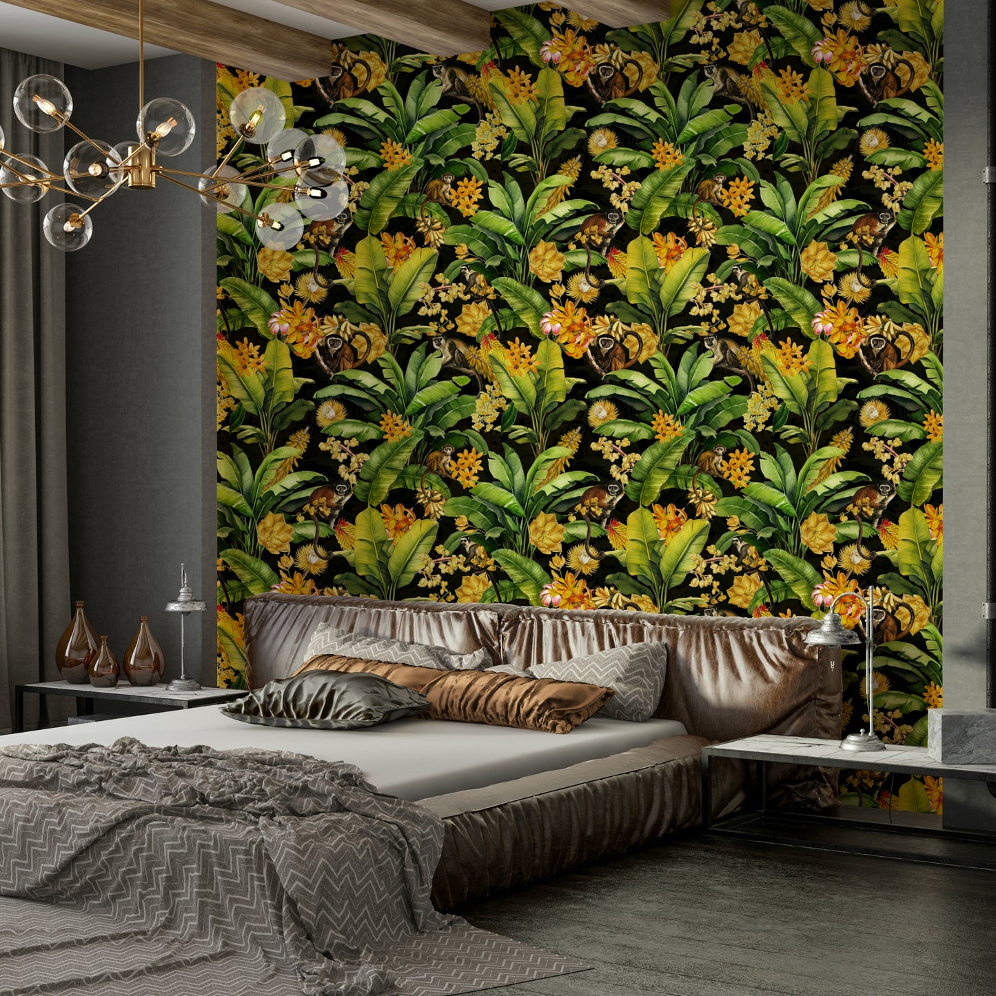 Wallpaper with monkeys and vibrant foliage on a dark, atmospheric backdrop.


