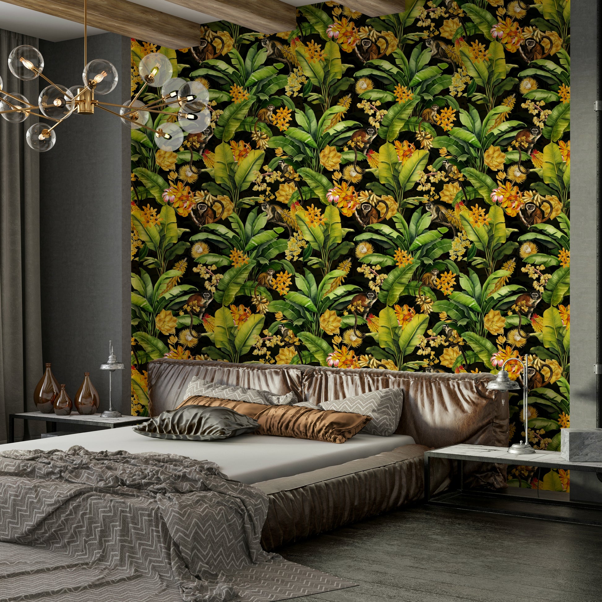 Wallpaper with monkeys and vibrant foliage on a dark, atmospheric backdrop.

