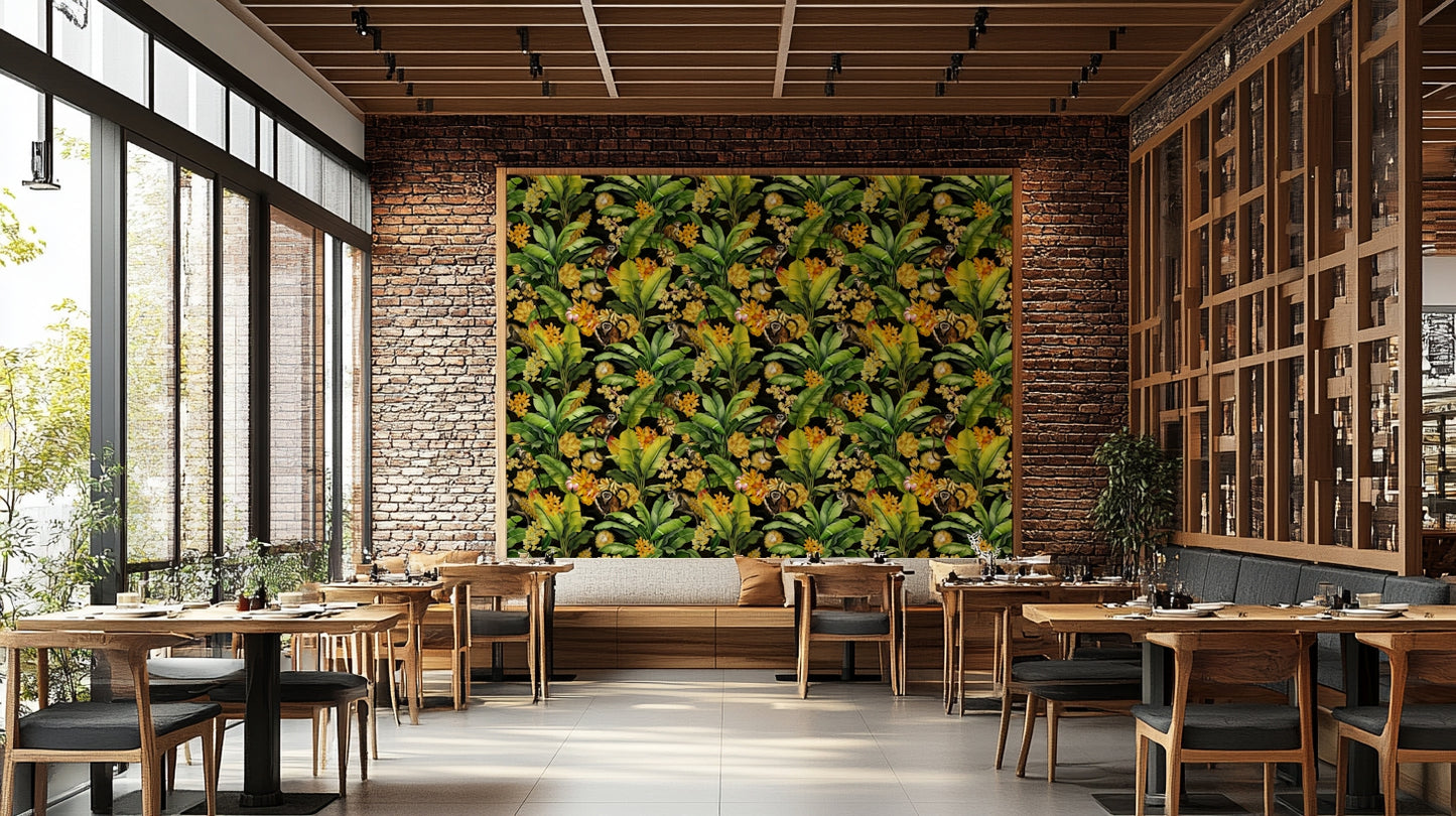 Fun wall mural with monkeys swinging through tropical plants and blooms.

