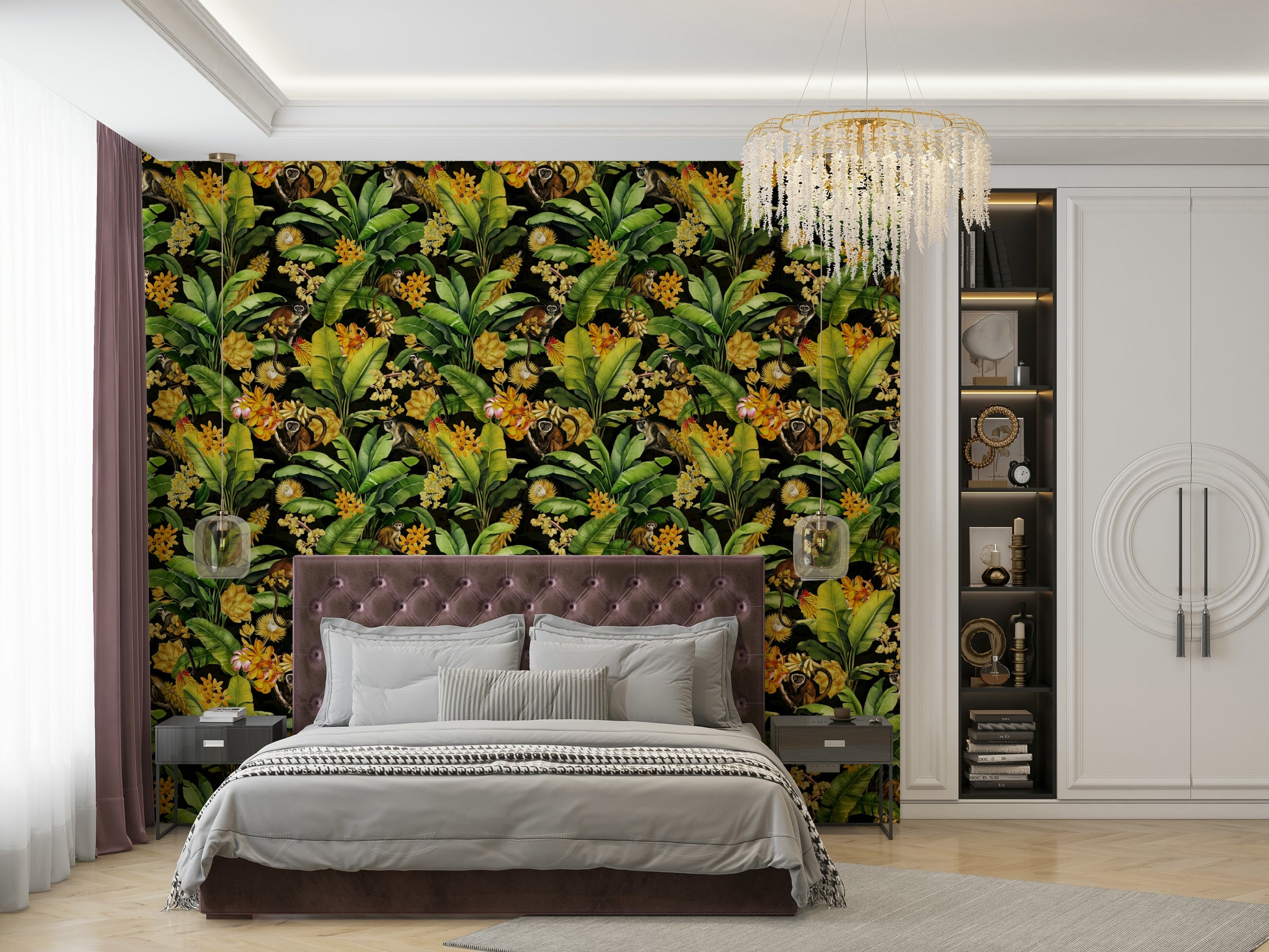 Vibrant jungle wallpaper featuring monkeys, bright flowers, and palm leaves.

