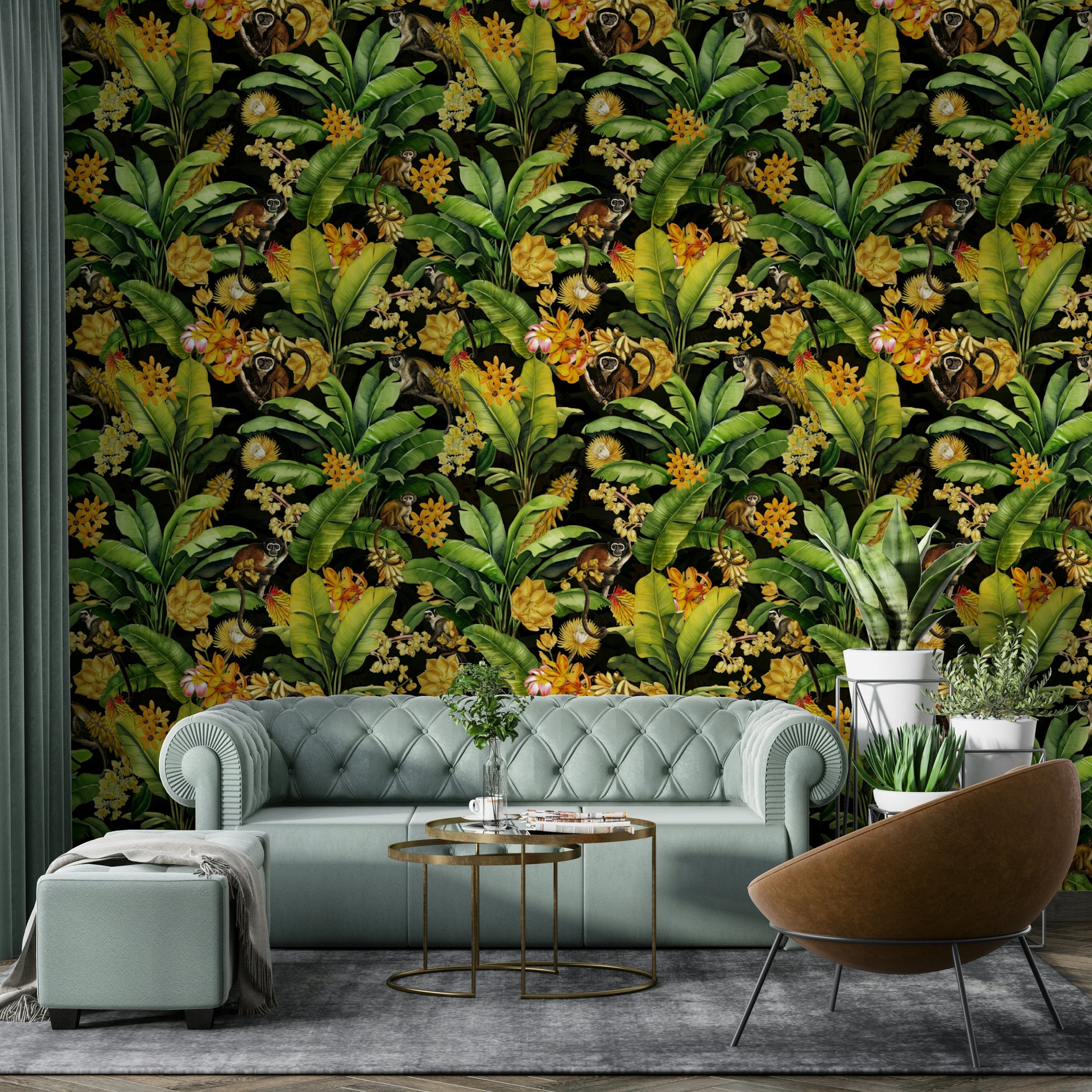 Wallpaper with monkeys, flowers, and large tropical leaves in bold colors.

