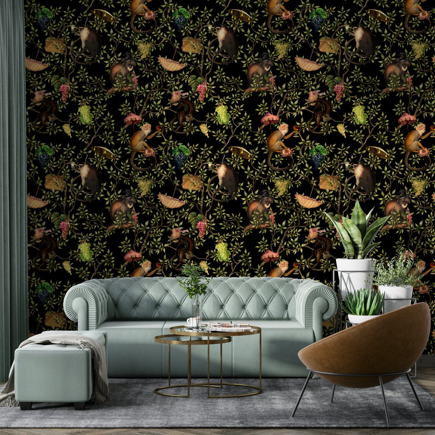 Whimsical wallpaper design with monkeys, vines, and bright tropical foliage.

