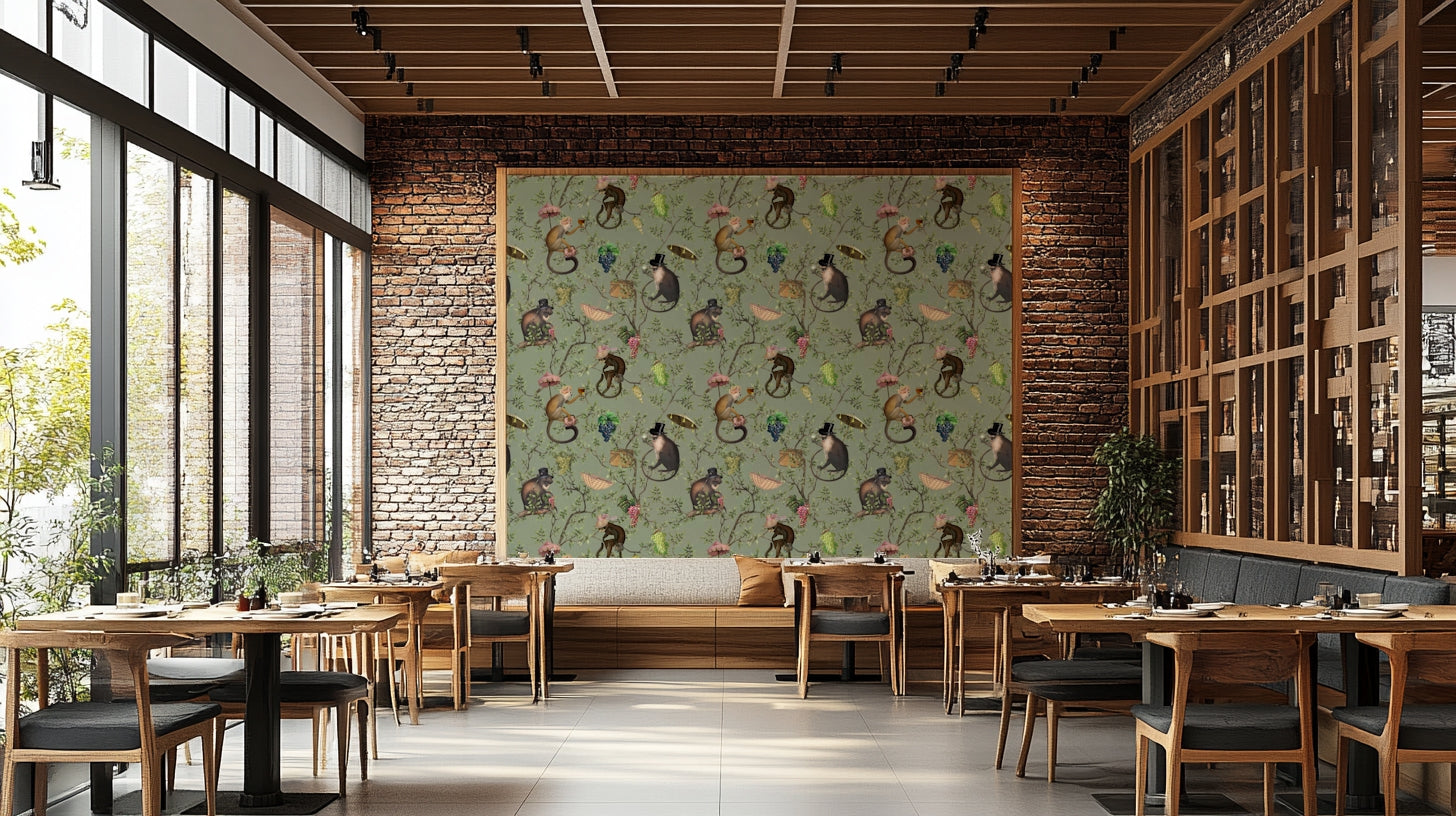 Wallpaper featuring monkeys in a vineyard with soft, earthy tones.

