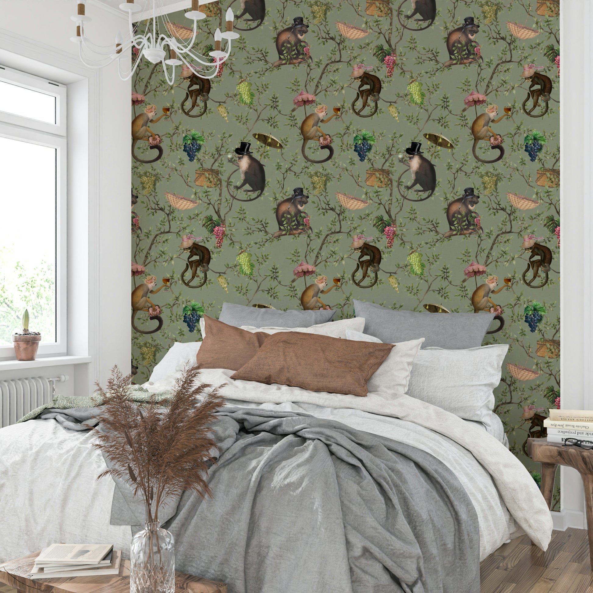 Vineyard wallpaper with monkeys, lush greenery, and rich grapes.

