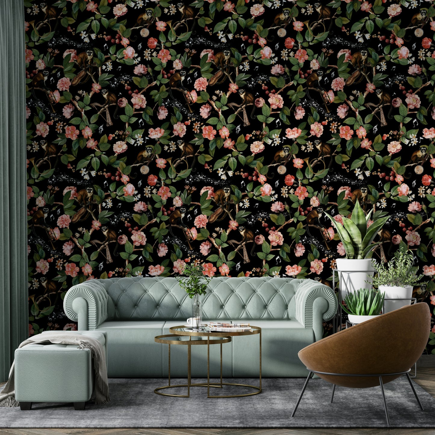 Close-up of playful monkeys and musical notes in a tropical setting.

