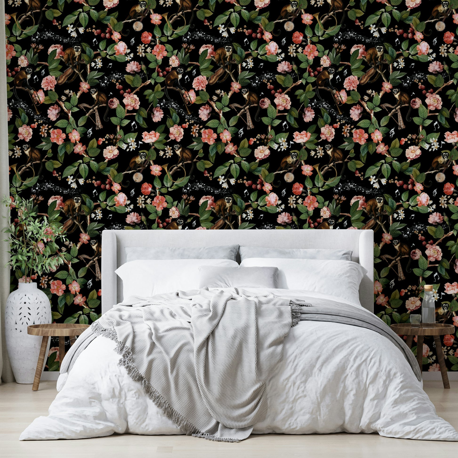 Wallpaper with monkeys interacting with musical notes and vibrant foliage.

