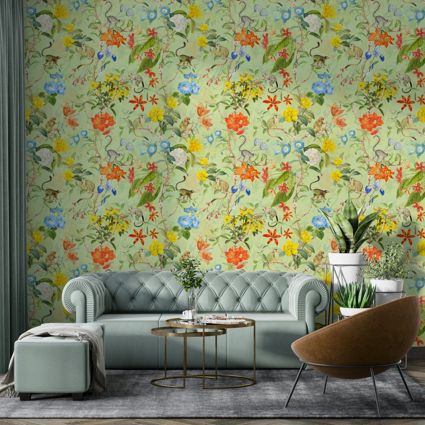Close-up of tropical flowers and palm leaves in a vivid wallpaper design.


