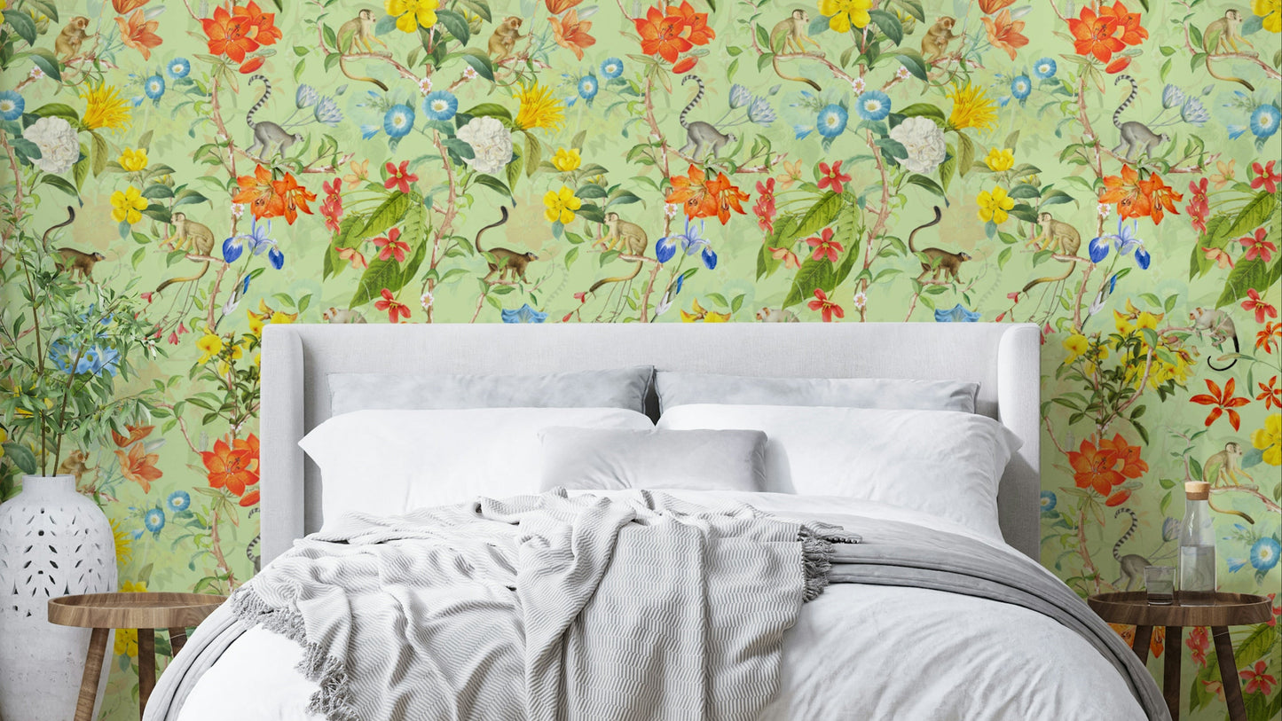 Jungle wallpaper featuring exotic plants and bright tropical wildlife.

