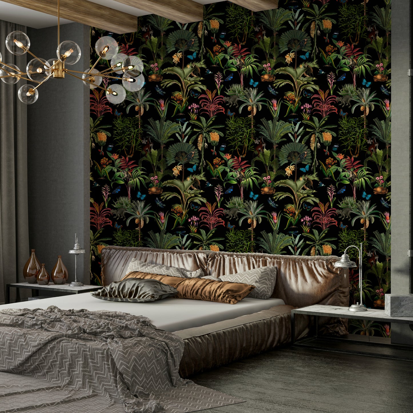 Midnight Jungle Wallpaper with tropical plants and vivid flora.

