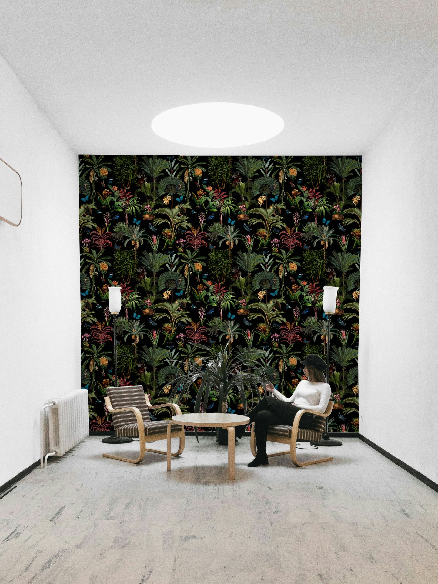 Midnight jungle mural featuring colorful flora and dramatic shadows.

