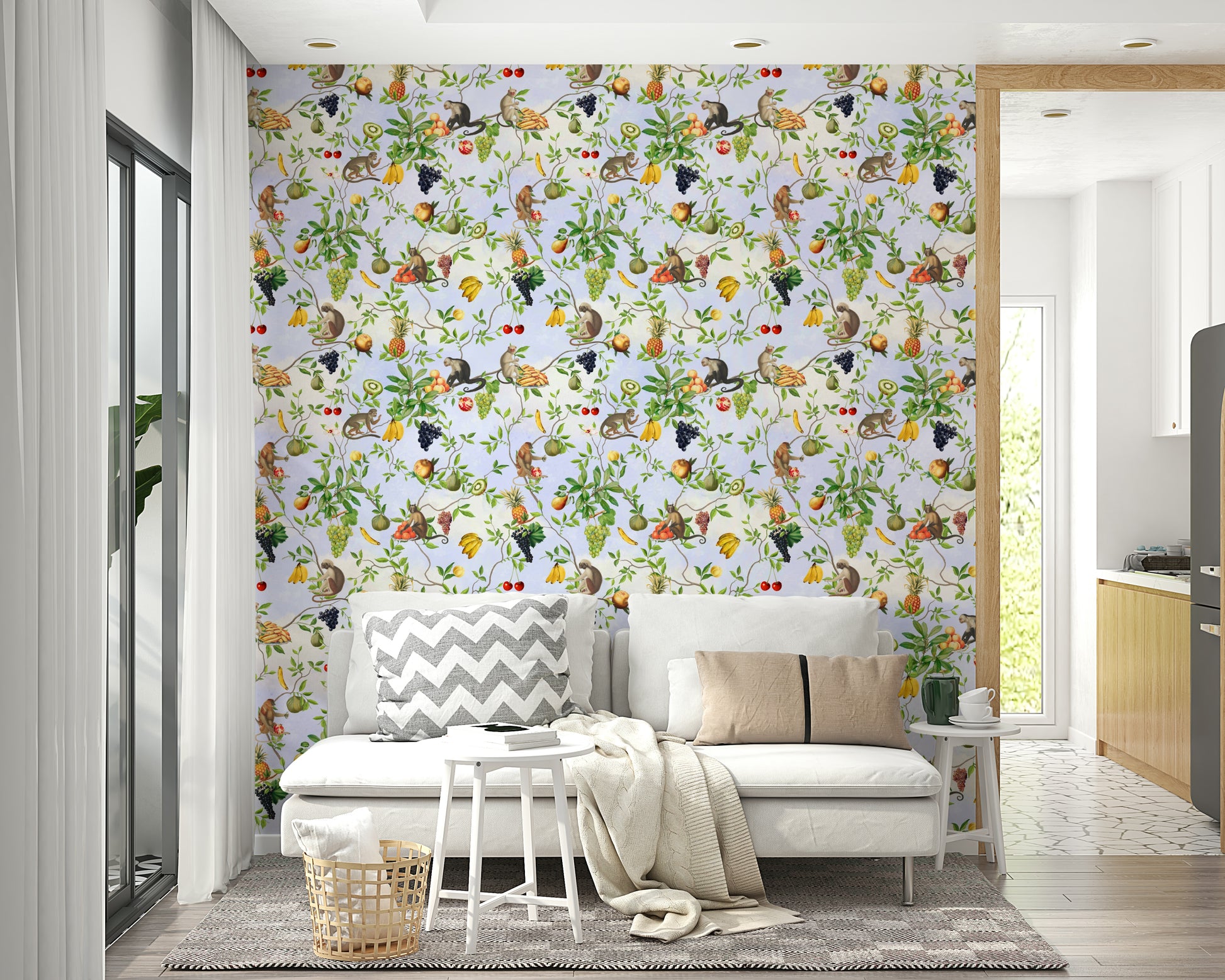 Wallpaper with monkeys, bright flowers, and dense greenery.

