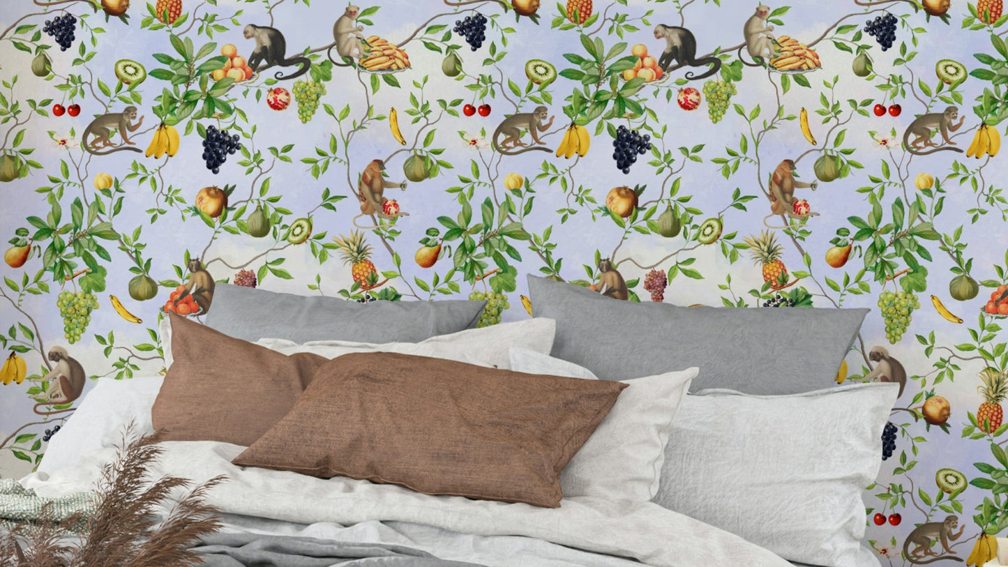 Tropical Monkey Business 1 Wallpaper with playful monkeys and vibrant greenery.

