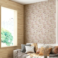 Close-up of romantic florals in a hand-painted wallpaper style.

