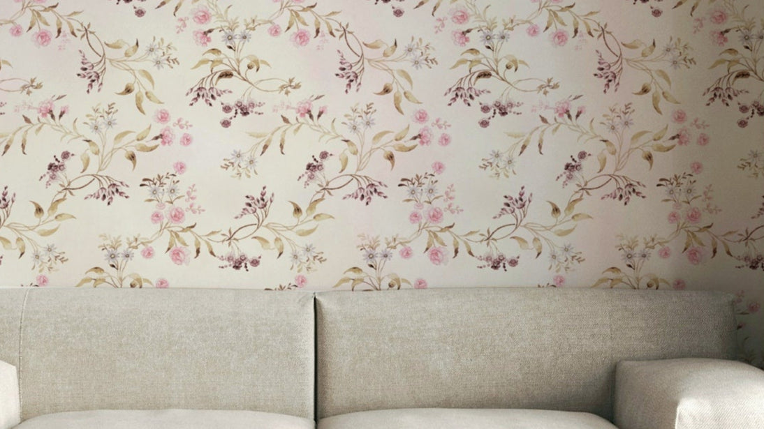 Romantic floral wallpaper featuring blush and lavender blooms.

