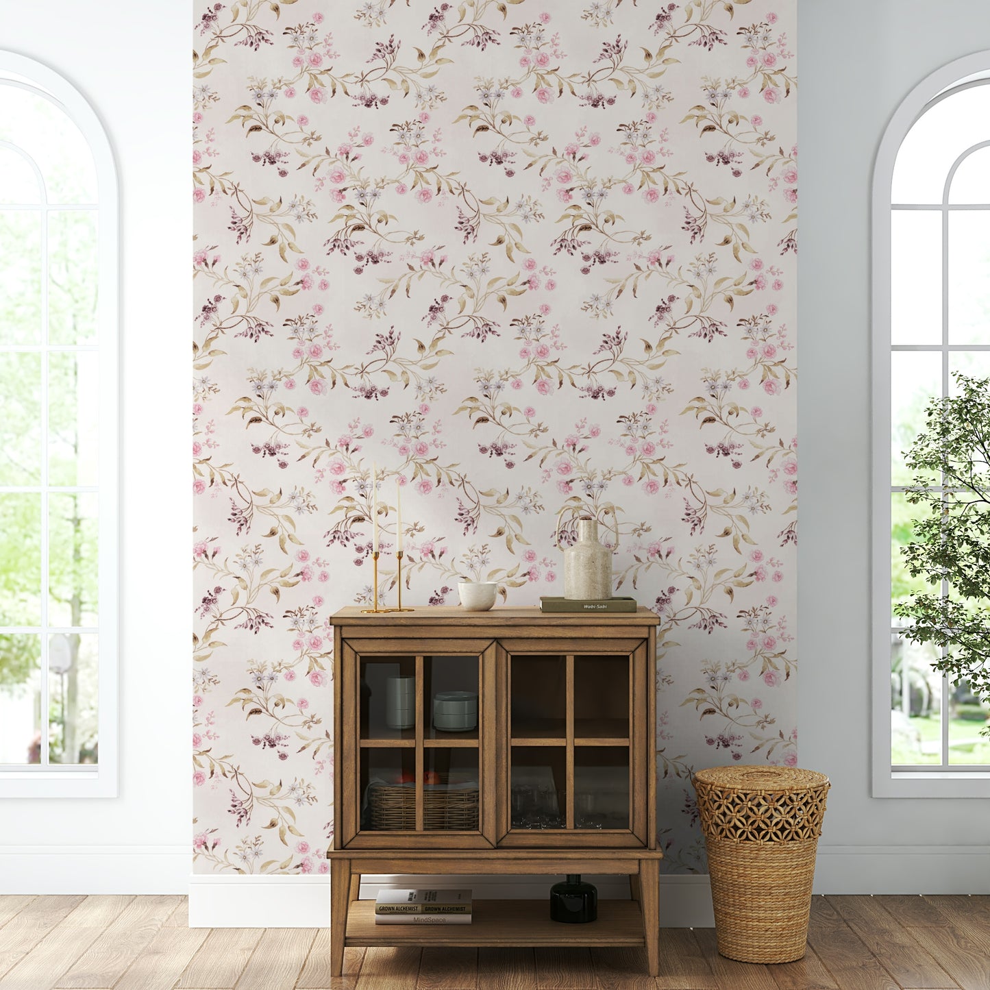 Delicate mural with roses, wildflowers, and trailing stems.

