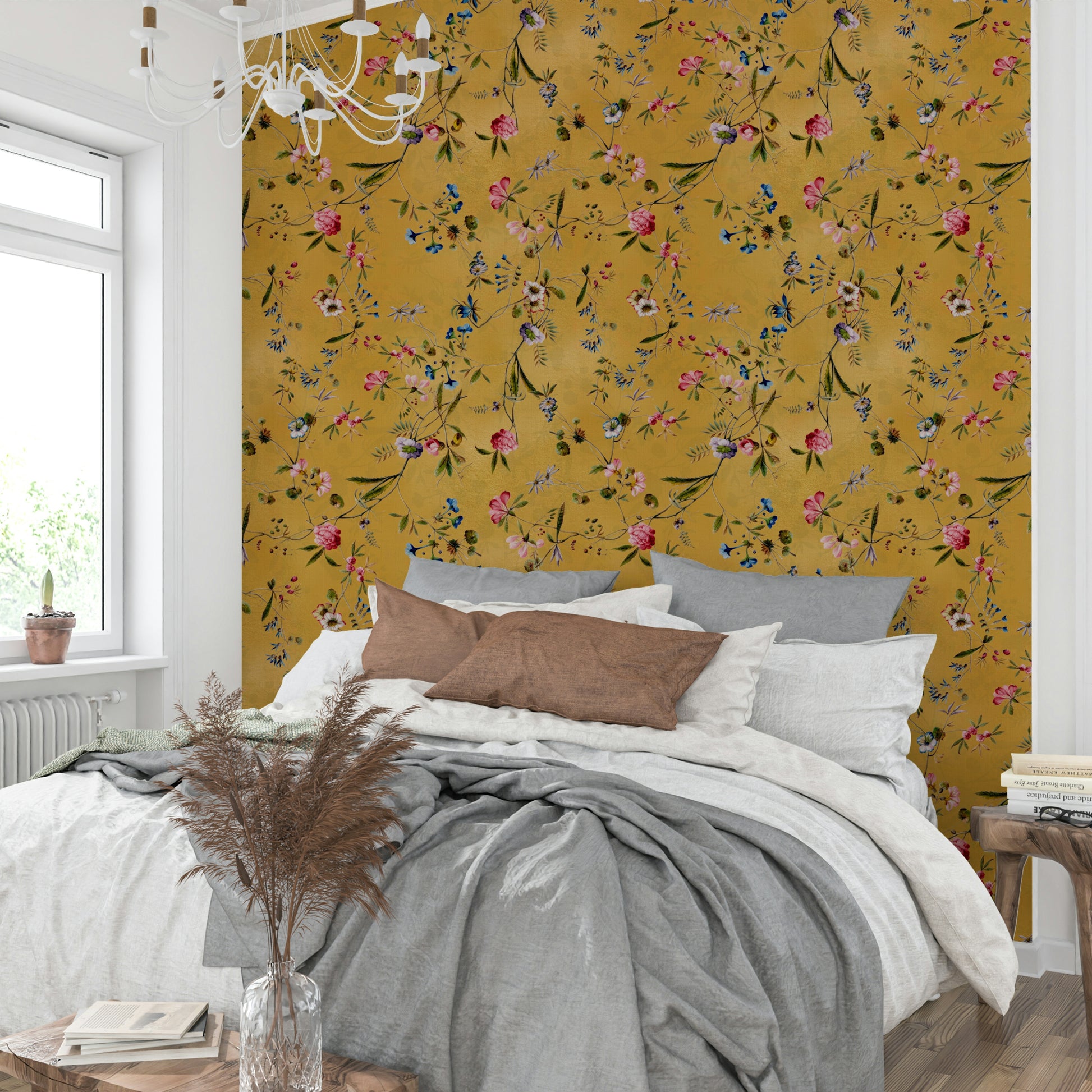 Butterfly and bloom wallpaper with subtle vintage charm.

