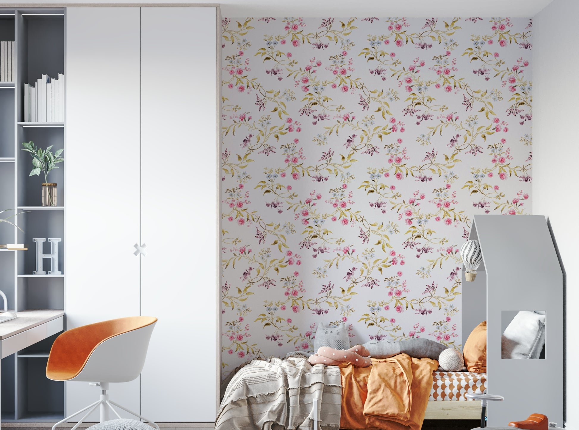Vintage wallpaper with romantic florals on a textured base.

