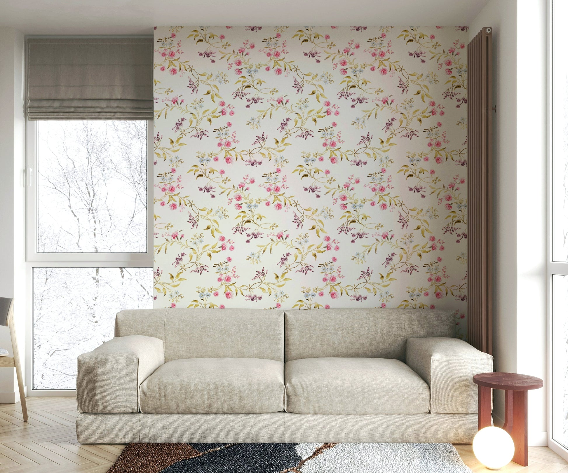 Wallpaper featuring scattered rose clusters and leafy accents.

