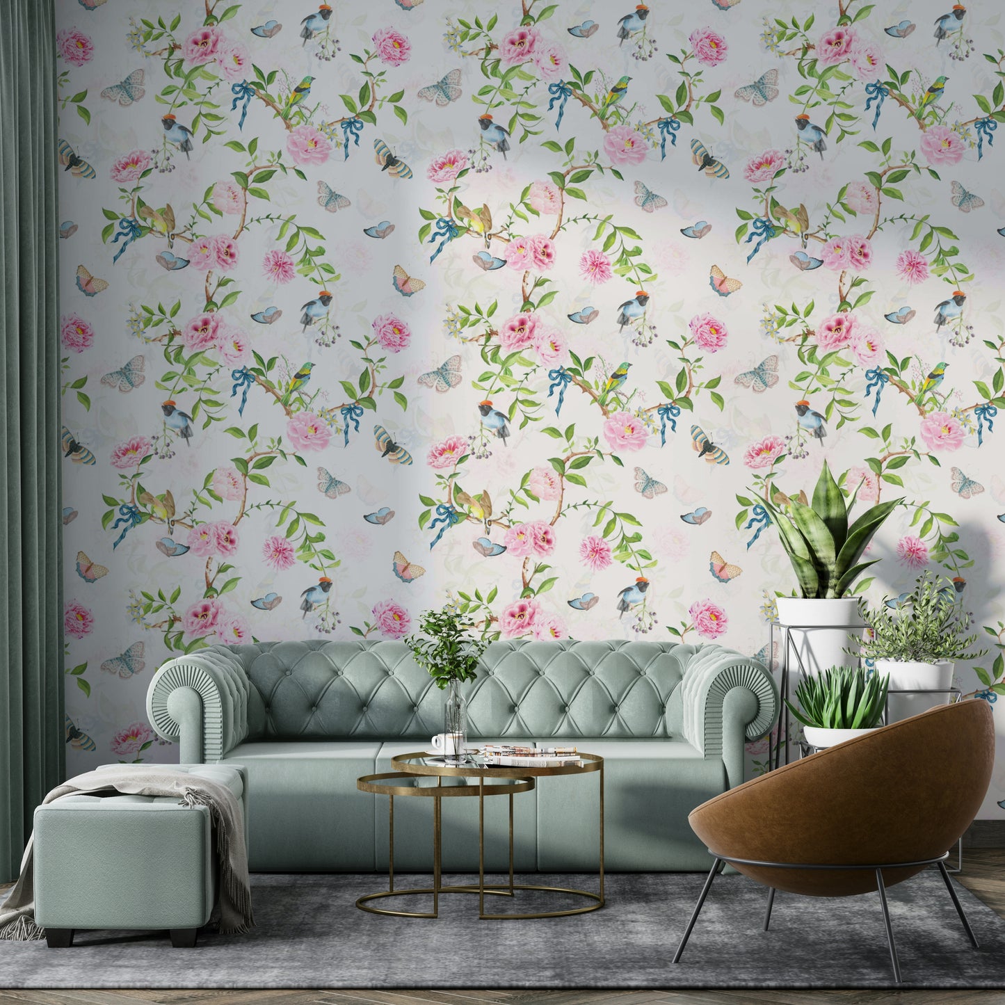 Soft botanical wallpaper featuring butterflies and pastel flowers.

