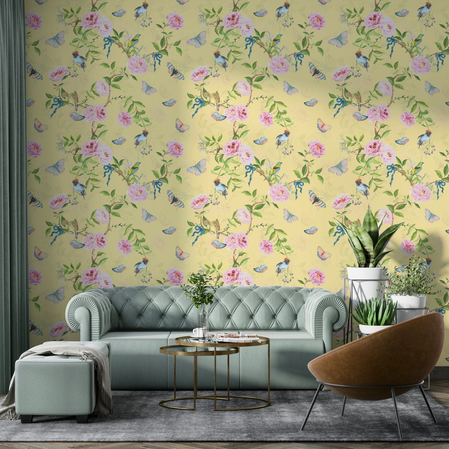 Chinoiserie mural featuring pastel florals and perched birds.

