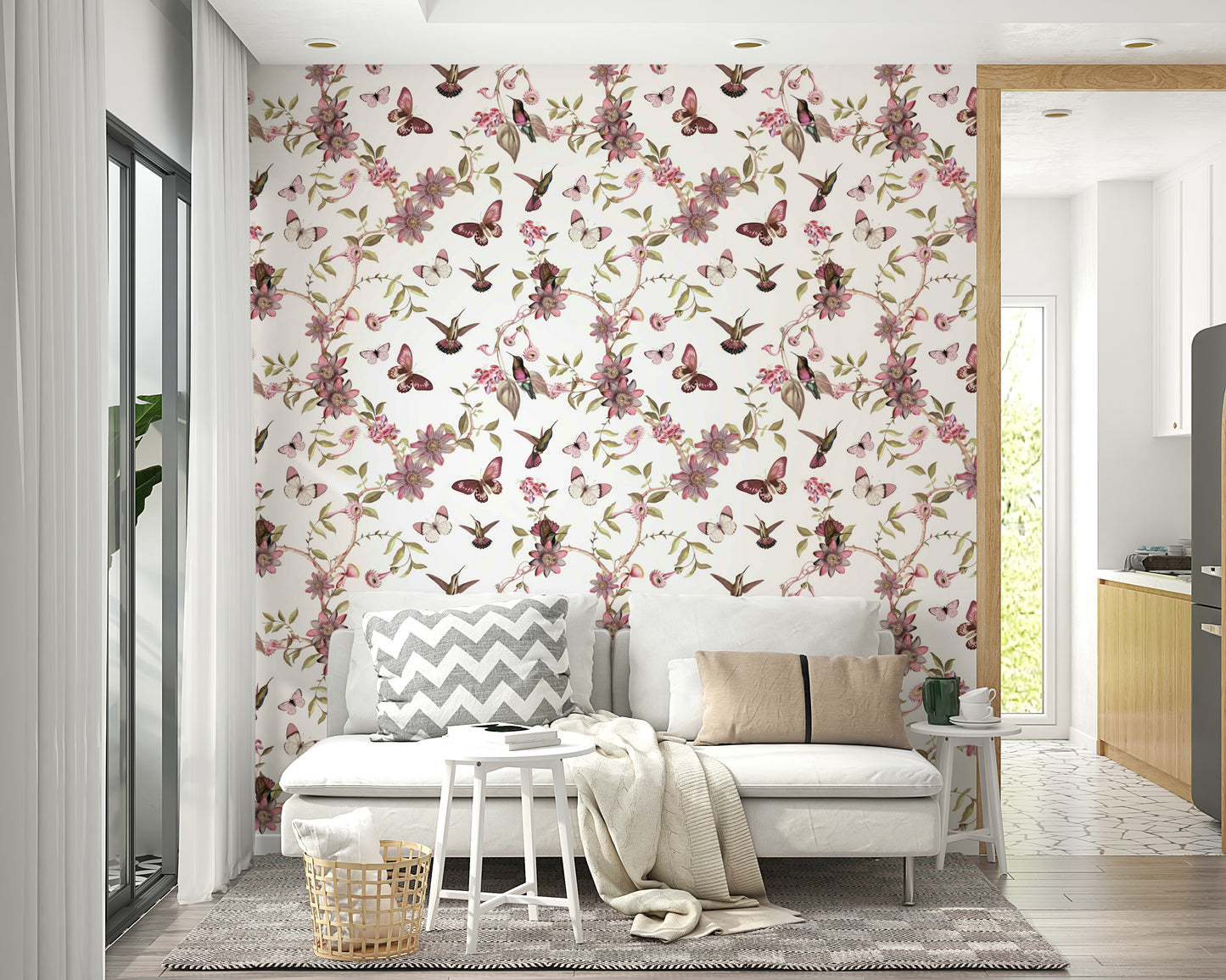 Wallpaper featuring blue butterflies and golden garden florals.

