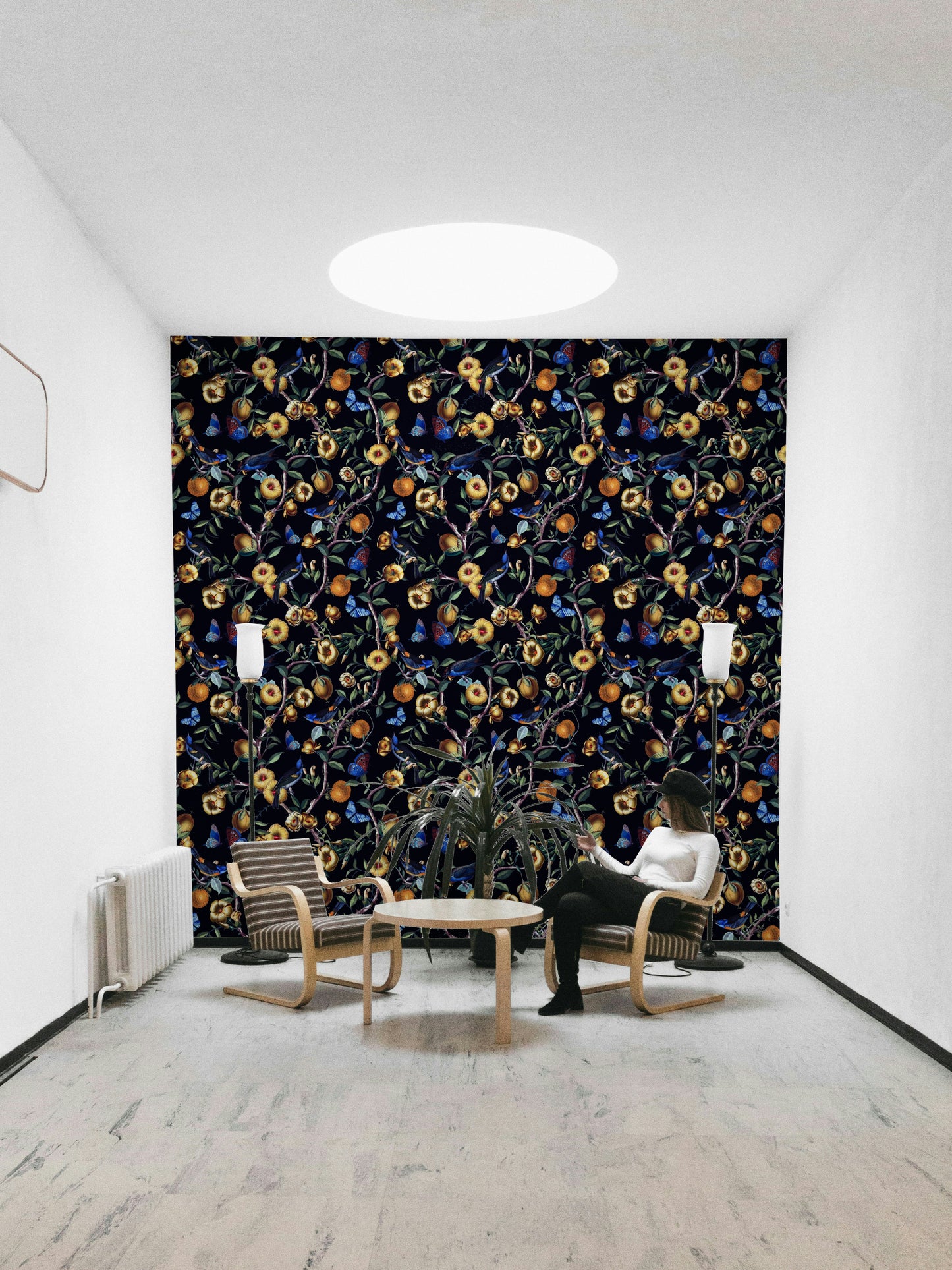 Elegant wall mural with nighttime garden blooms and shadows.

