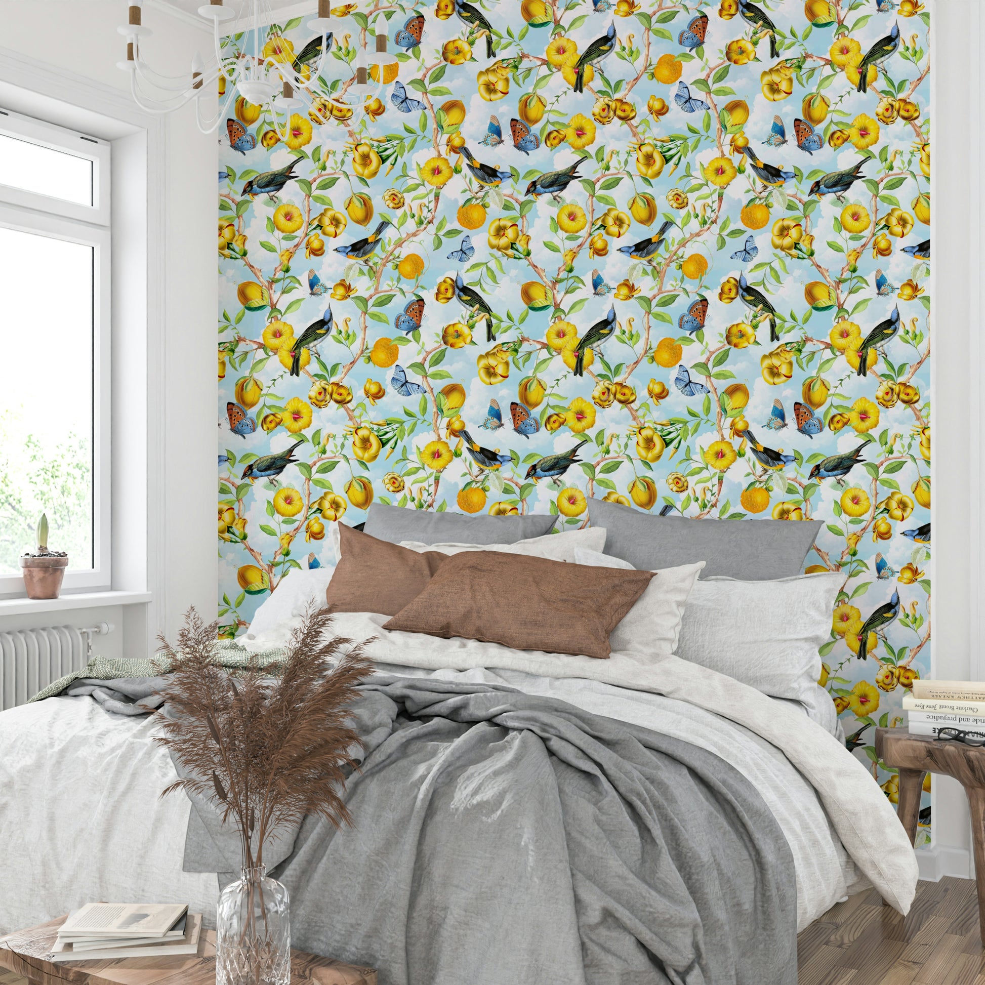 Lively botanical wallpaper with green leaves and colorful details.

