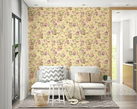 Wallpaper with pastel peonies and delicate birds on branches.

