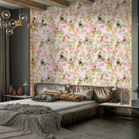 Floral wallpaper with cheeky monkeys and whimsical charm.

