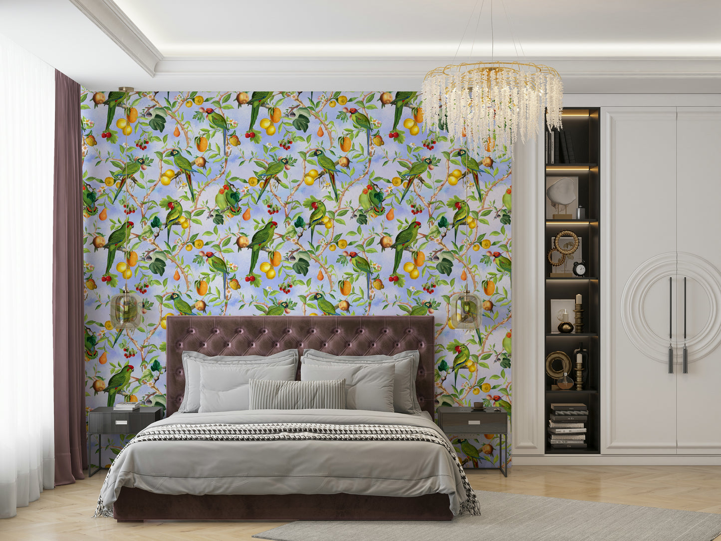 Wallpaper with detailed illustrations of birds in paradise setting.

