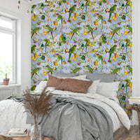Paradise wallpaper featuring rainforest birds and floral accents.

