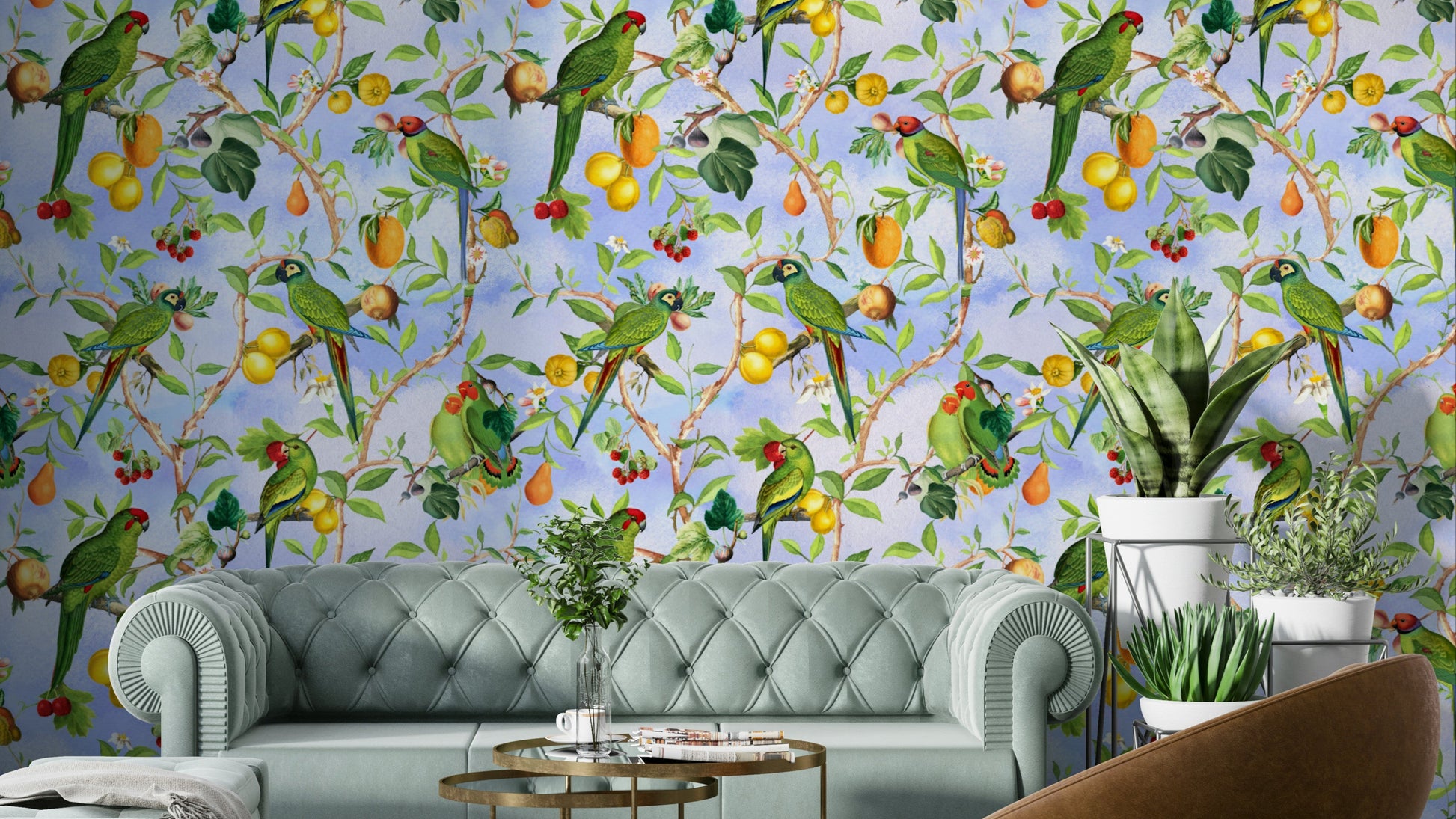 Colorful bird mural with lush tropical plants and jungle foliage.


