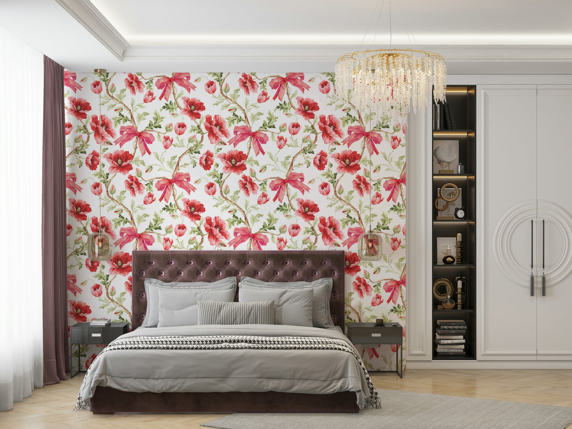 Elegant wallpaper with trailing poppies and flowing ribbons.

