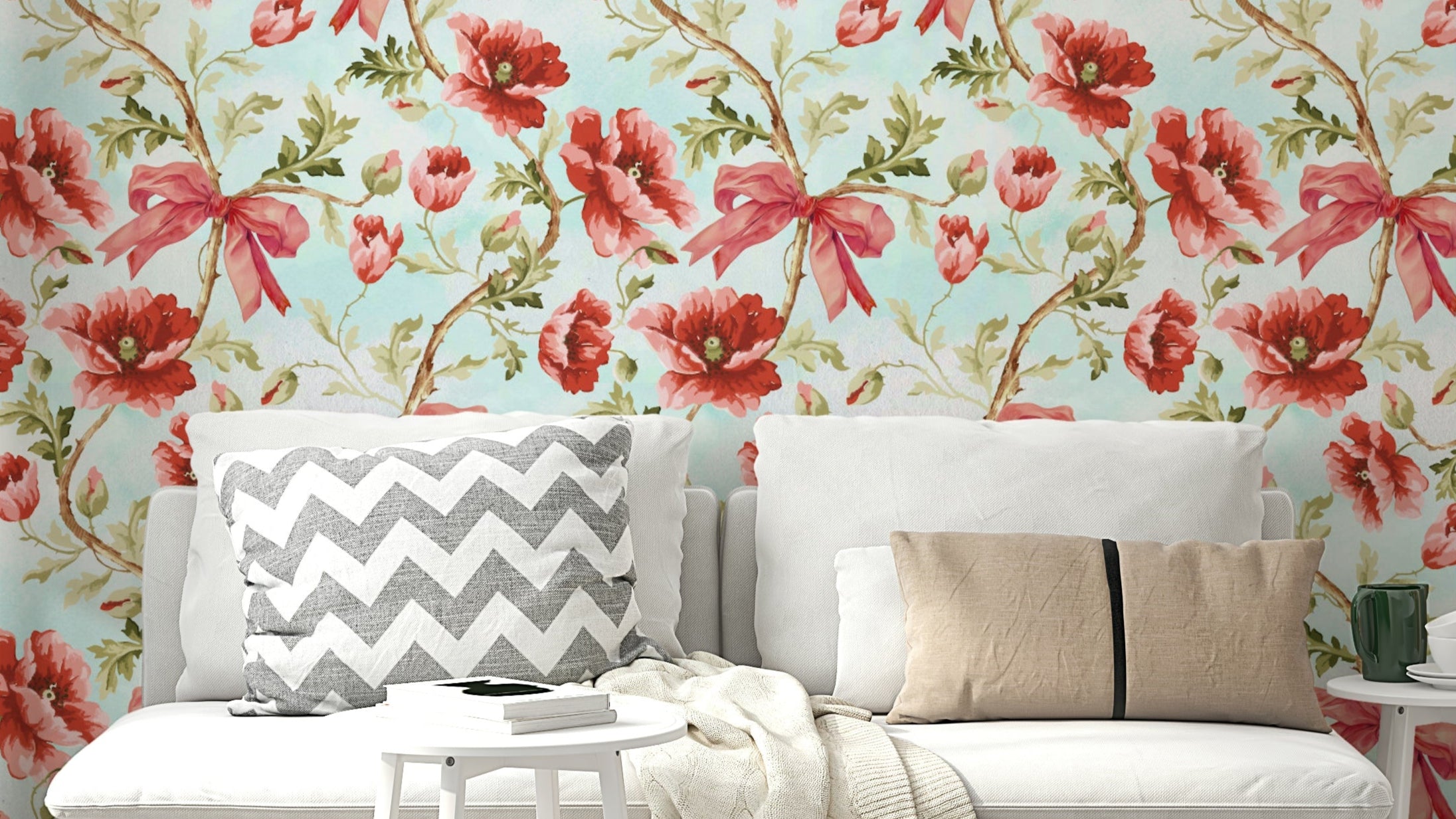 Crimson Preppy Ribbons & Poppies Wallpaper with bold red florals.

