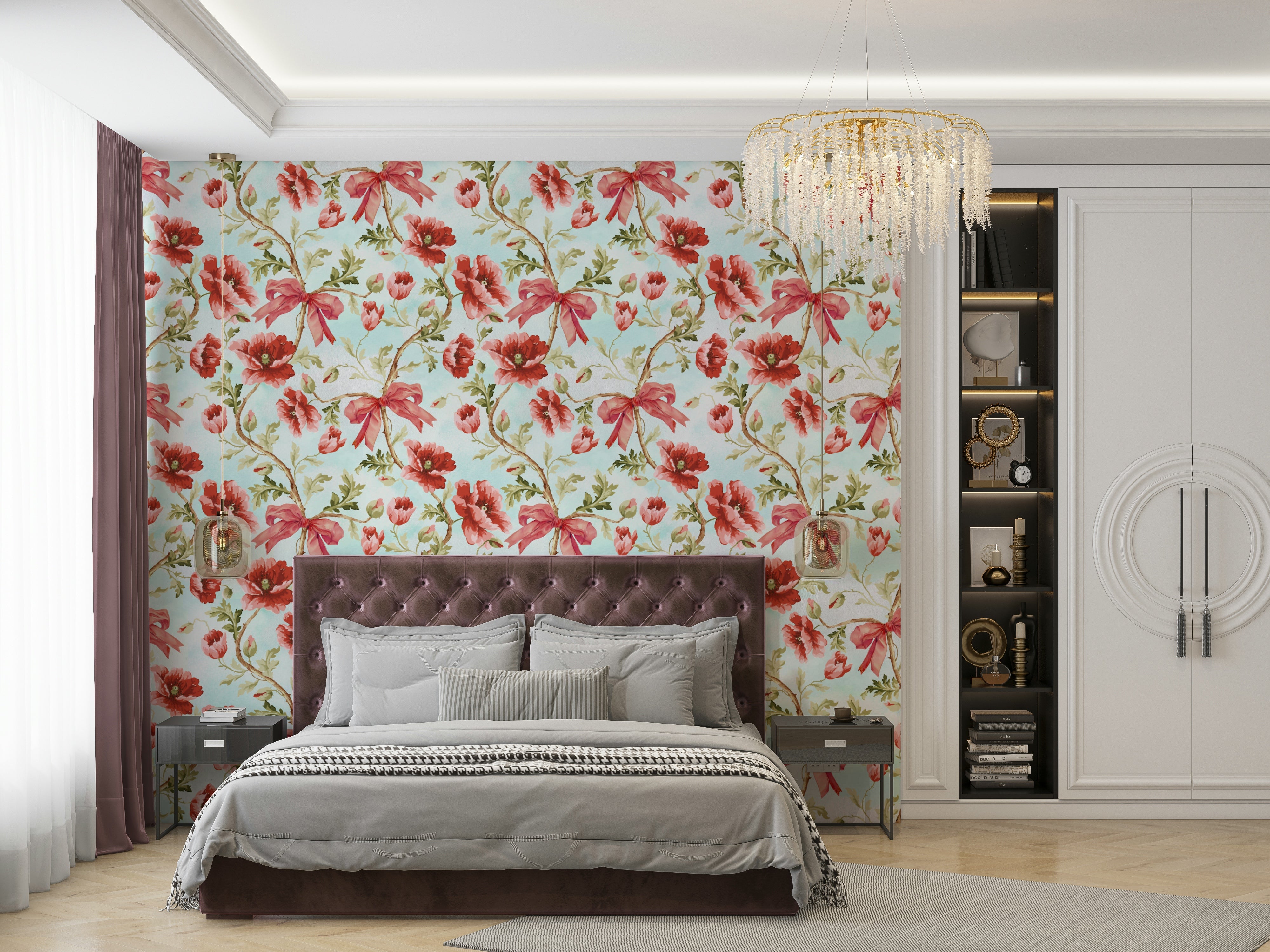 Crimson poppies wallpaper bringing color and structure to walls.

