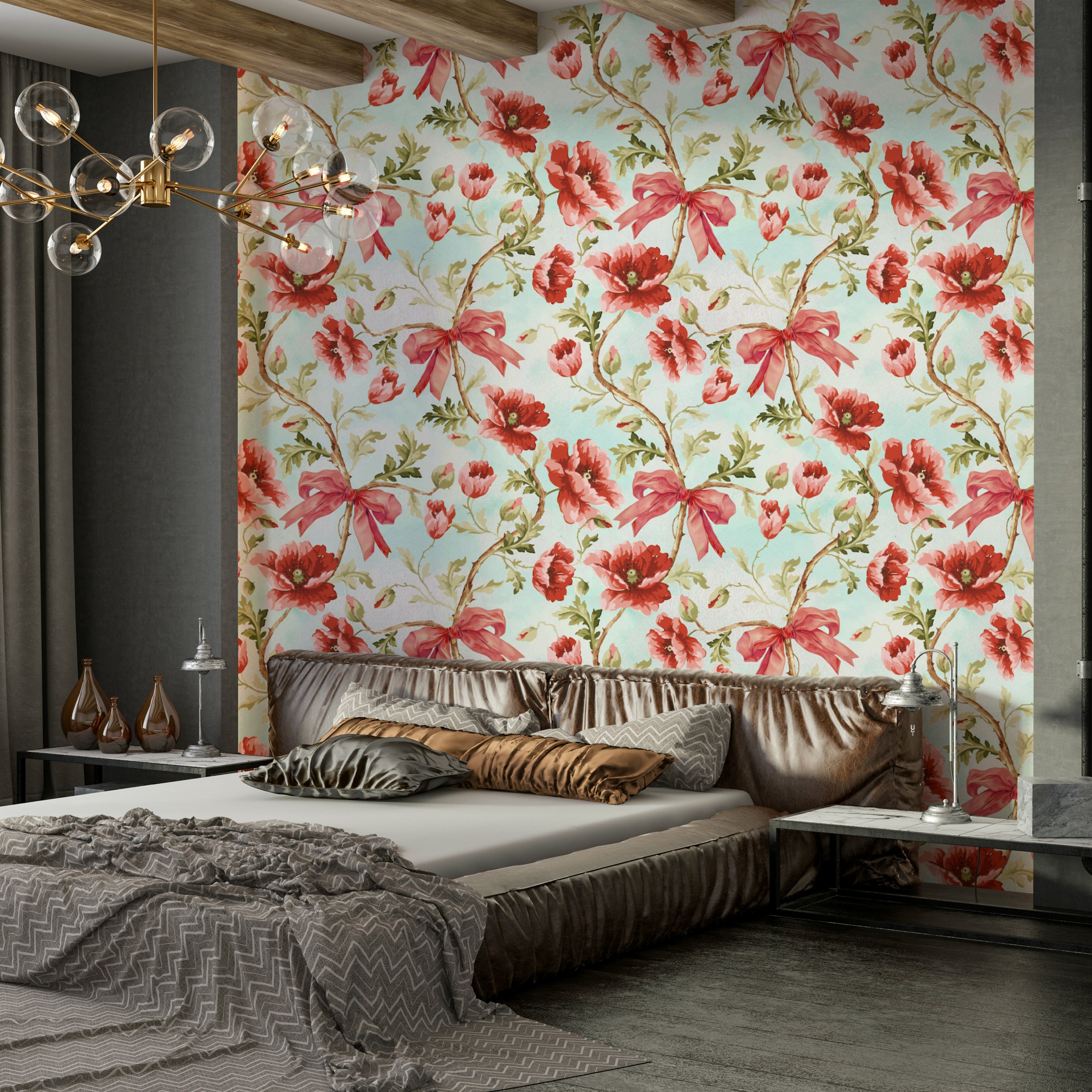 Preppy-inspired wallpaper with vibrant crimson blooms and curves.

