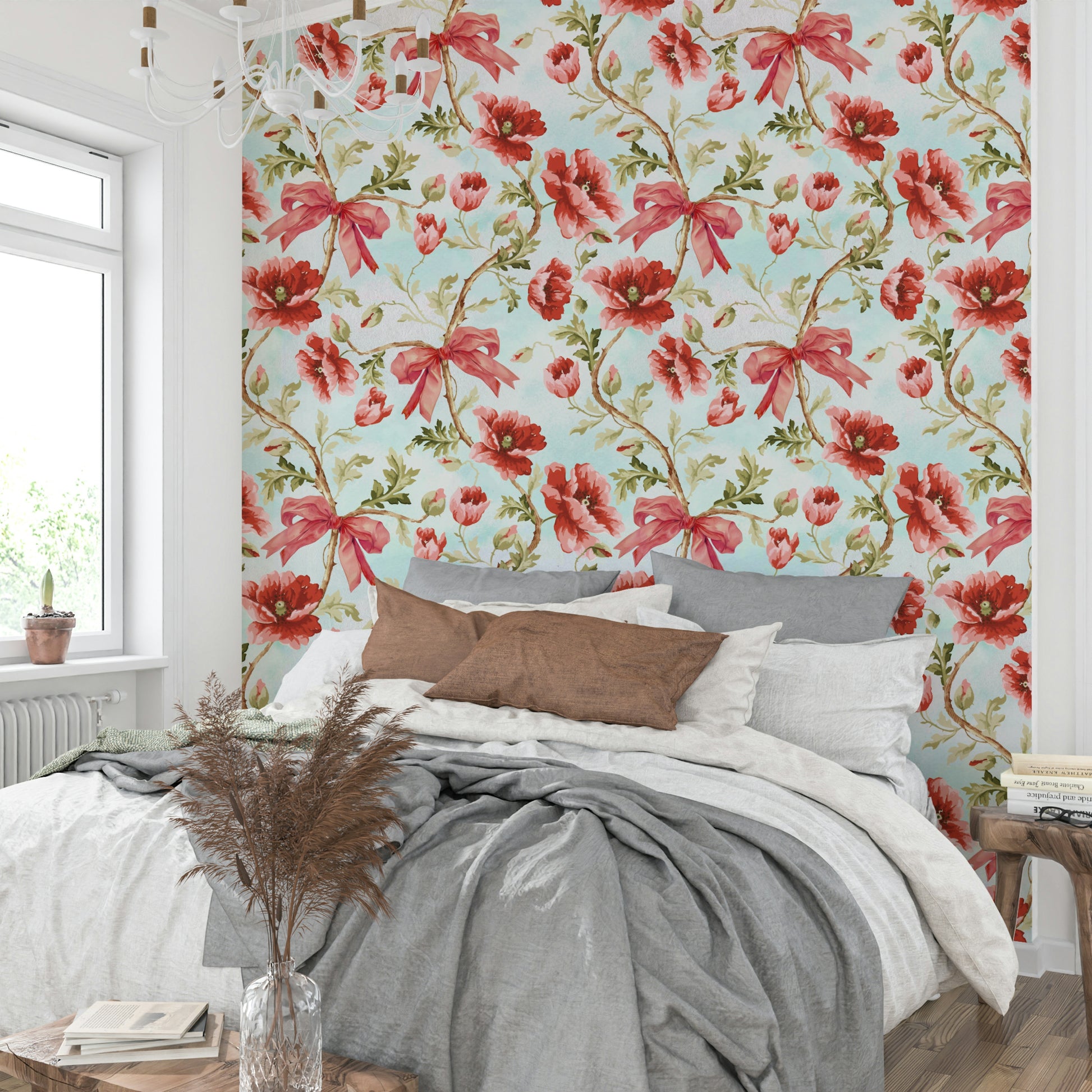 Bright floral mural with classic red poppies and green leaves.

