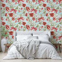 Crimson Preppy Ribbons wallpaper with botanical and graphic contrast.

