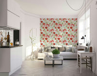 Stylish wallpaper with poppies and elegant ribbon patterns.


